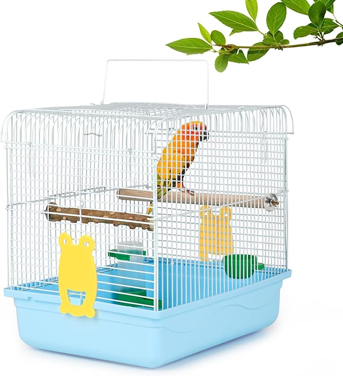 Small Bird Cages for Cockatiels - Parrot Travel Cage Starter Kit with Stand Accessories Birdcage Great for Parakeets Lovebirds Parrotlets Finches Canaries and More Small Birds(Blue)