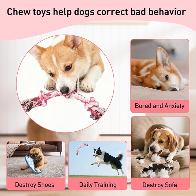 SZEE 2Pcs Dog Rope Toys for Small Breeds, 14 in 3 Knots Chew Rope Toy for Dogs, Pull Toy for Tug of War, Energy Release, Boredom Relief and Teeth Cleaning (Pink & Orange)