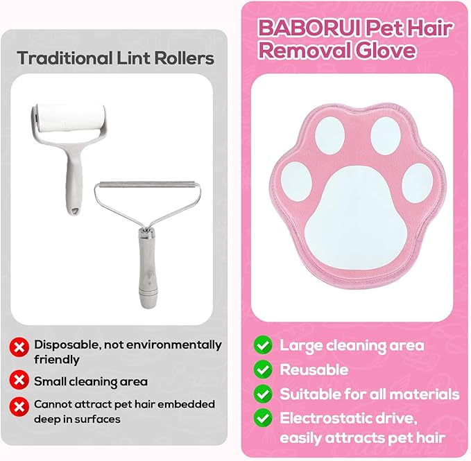 BABORUI Pet Hair Removal Glove - Cute Paw Electrostatic Pet Hair Remover Glove, Magic Brush Pet Hair Glove for Cats Dogs
