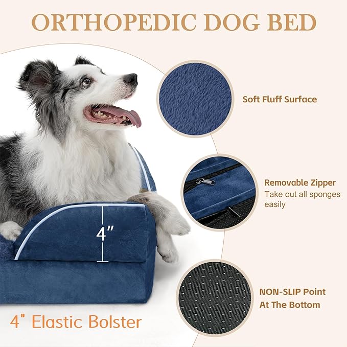 Comfort Expression Orthopedic Dog Bed for Medium Dogs 30x20 Inch, Waterproof Supportive Egg Crate Foam Medium Pet Bed with Removable Bolster, Dog Couch with Washable Cover & Non-Slip Bottom, Navy Blue
