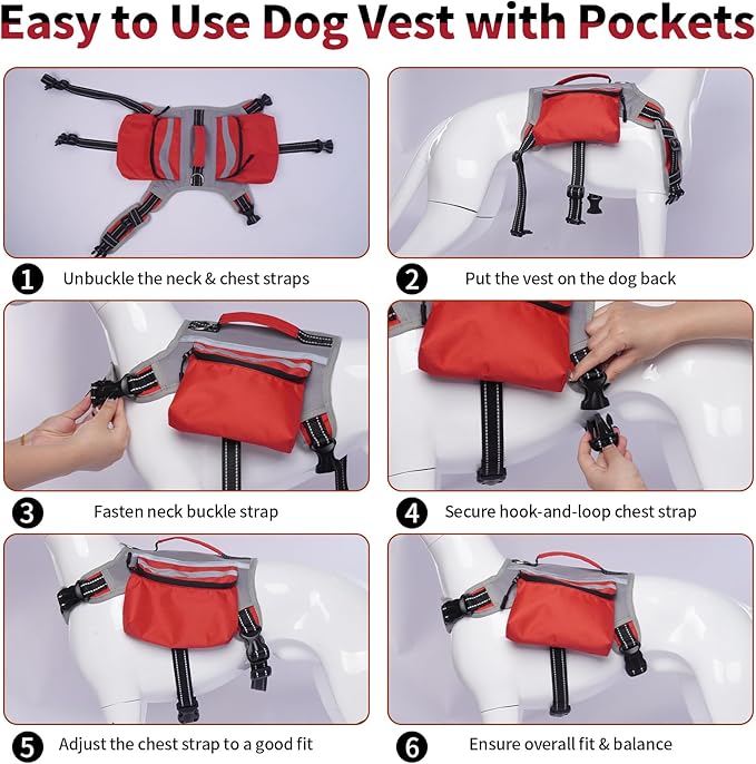 DENTRUN Dog Hiking Backpack, Hound Dog Saddlebag Backpack, Nylon Dog Harness Vest with Side Pockets Hiking Pack, Dog Backpack Hiking Walking Training Running for Medium & Large Dogs