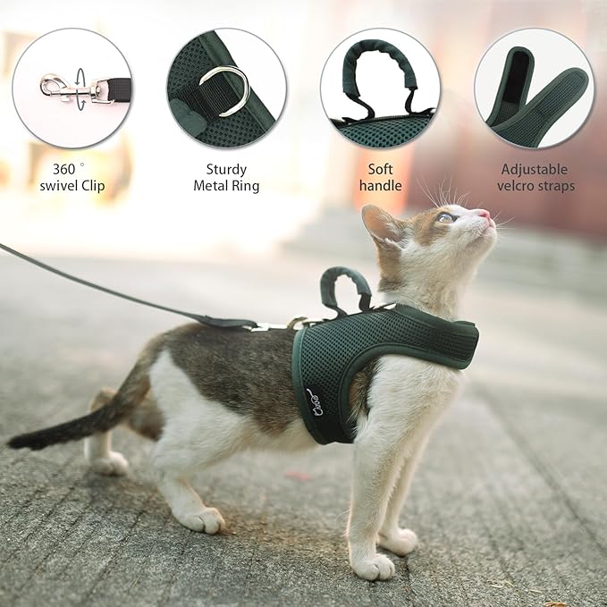 Cat Harness and Leash for Walking Escape Proof Breathable Mesh Fabric, Solid Green, Medium, Adjustable Cat Walking Jackets with Handle, Padded Stylish Cat Vest