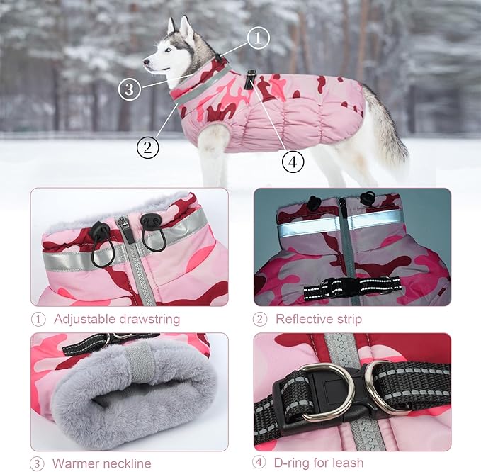 Lelepet Warm Dog Winter Coat Dog Coats for Large Dogs Waterproof Dogs Jacket with Harness Built in Reflective Cold Weather Coats Windproof Zip-Up Winter Fleece Vest Snowsuit Boxer Pink Camo XL