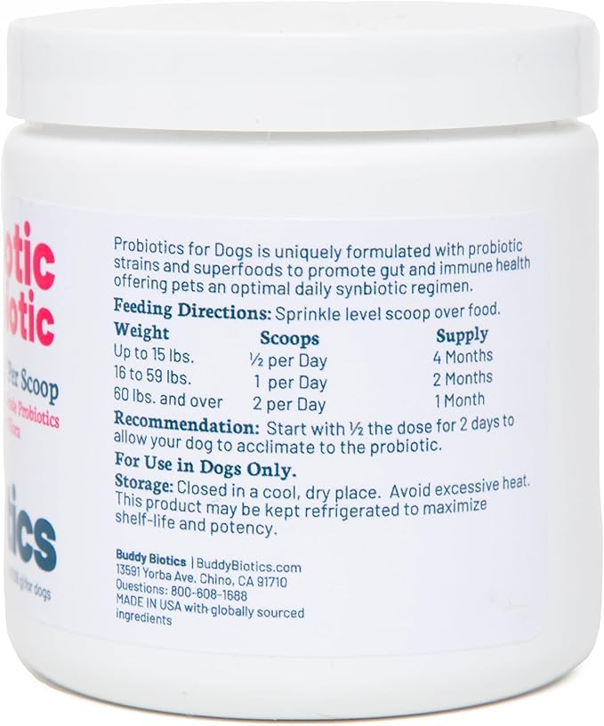 Probiotic + Prebiotic Powder for Dogs – 7 Probiotic Strains with Prebiotic FOS, Supports Gut Flora, Digestive & Immune Health, 5 Billion CFU per Scoop