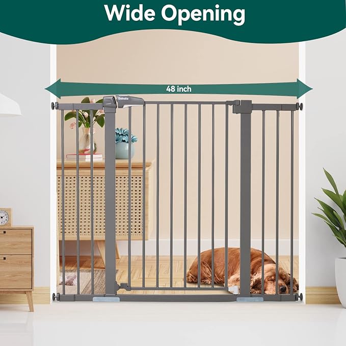 Babelio Metal Auto Close Baby Gate,Extra Wide Pet Gate for The House and Doorways, Pressure Mounted Walk Thru Child Gate with Door (Gray, 36" Tall 29"-48" Wide)