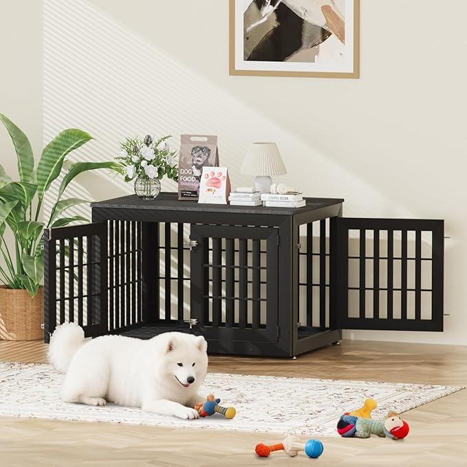 42" Heavy Duty Dog Crate Furniture for Small,Medium and Large Dogs,Rustic Wooden Dog Cage Kennel Indoor Furniture with Waterproof Top,Decorative Pet House Side End Table (Black)