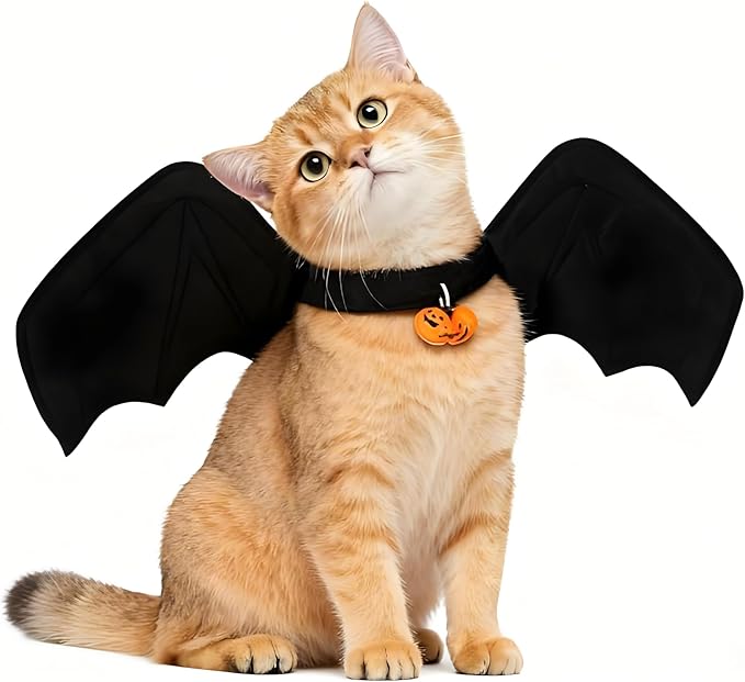 Deluxe Enhanced Cat Halloween Costume Bat Wings with Pumpkin Bells - Premium Upgraded Pet Apparel for Cats & Small Dogs, Adjustable Secure Fit for Halloween Party, Christmas, Birthday Dress Up