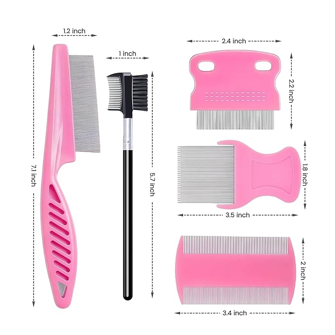 5 Pack Flea & Lice Comb Set for Cats, Dogs & Kids – Stainless Steel Fine Tooth Nit Comb Kit with Double-Sided Tear Stain Remover, Grooming Brush & Peine para Piojos for Thick Hair (Pink)