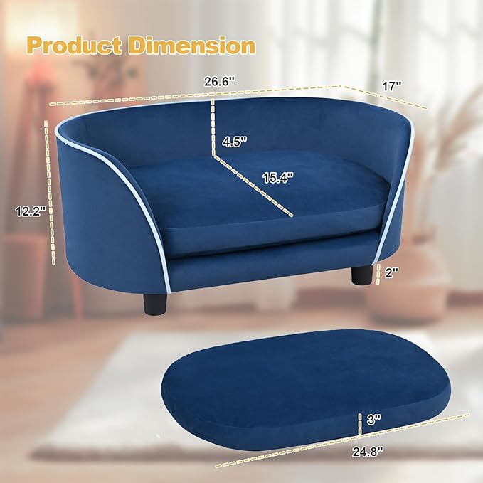 27'' Pet Sofa Bed for Small Dogs and Cats with Soft Cushion, Removable Cover, Anti-Slip Pads, Blue