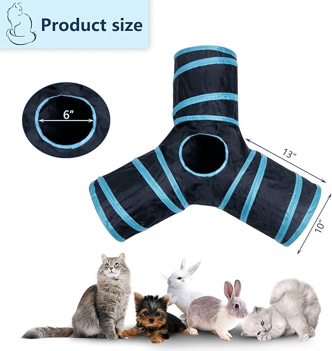 3 Way Cat Tunnel Collapsible Fun Pet Play Tube Toys for Cats, Kittens, Puppies & Rabbits - Portable Tunnel with Hanging Ball for Indoor Play, Hideout & Exercise