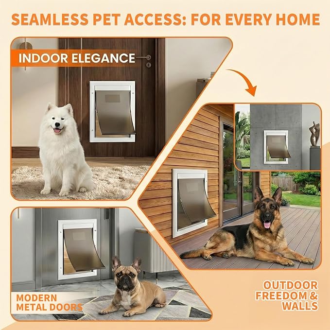 Dog Door for Large Dogs, Large White Aluminum Frame Pet Door with 2-Way Lock, Easy Install on Interior Door/Screen/Wall, Weatherproof Magnetic Flap
