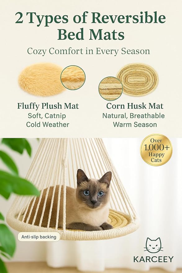 KARCEEY Cat Hammock Macrame Hanging Bed for Large Cats - 50lbs Heavy Duty Cat Swing Wall Mounted Boho Window Perch - Hardware Kit Included