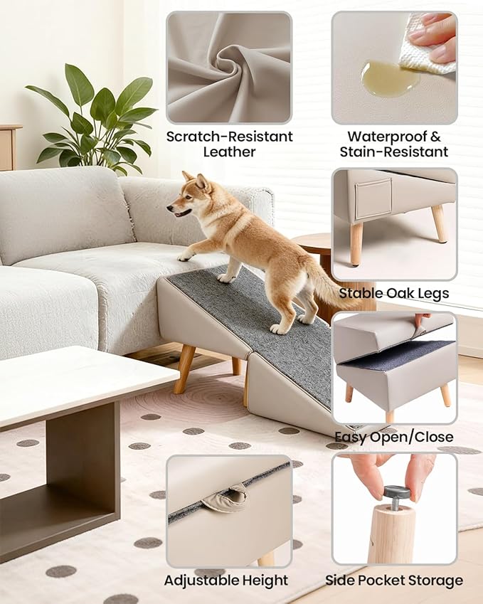 Dog Ramp for Couch & Bed, 2-in-1 Dog Stairs for Small and Medium Dogs & Cats, 16'' Indoor Pet Ramp with 23°Gentle Slope, Non-Slip Felt, Joint Protection for Senior & Injured Pets, Sturdy Ottoman-Style