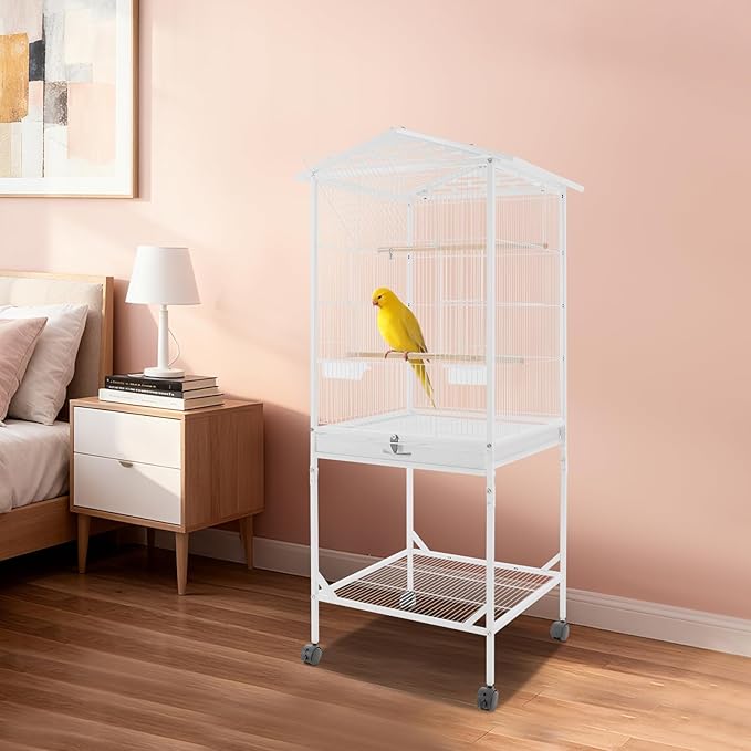 Large Modern Bird Cage 46" for Parrots,Iron Birdcage with Rolling Lockable Wheels & Storage Shelf,Open Top Design & Feeding Doors for Cockatiels Parakeets (White)