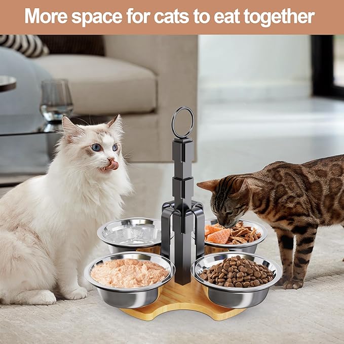 Elevated Cat Food Bowls, 3 Adjustable Heights Raised Cats Bowl for Indoor Cats Small Dogs with 4 Stainless Steel Bowls, Pet Food and Water Bowl