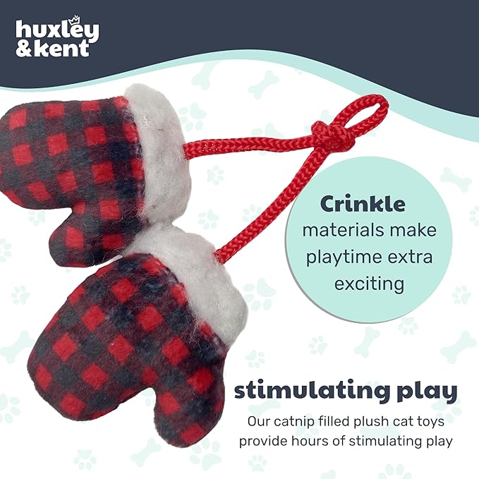 Huxley & Kent Plush Cat Toy - Holiday Interactive Catnip Toy for Cats & Kittens - Soft with Crinkle & Catnip - Fun Indoor Play - Mittens for Kittens