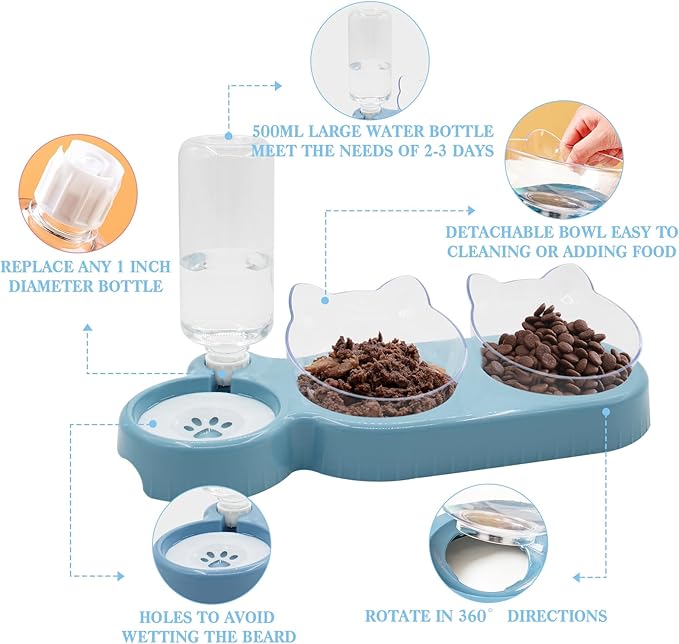 Sky Blue Triple Cat Bowls with 15 Tilt, 3-in-1 Automatic Water & Food Feeder, Whisker-Friendly Elevated Dishes for Small Cats & Puppies