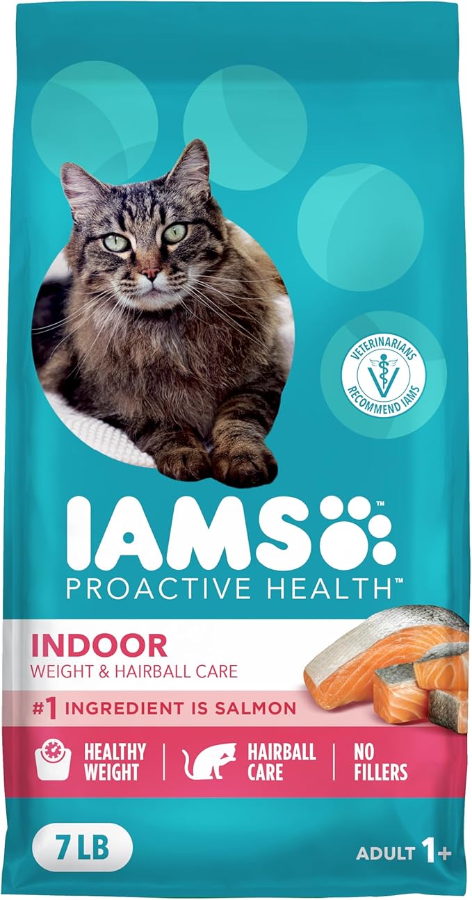 IAMS Proactive Health Dry Cat Food, Indoor Weight and Hairball Care Cat Food Dry Recipe, with Salmon, 7 lb. Bag