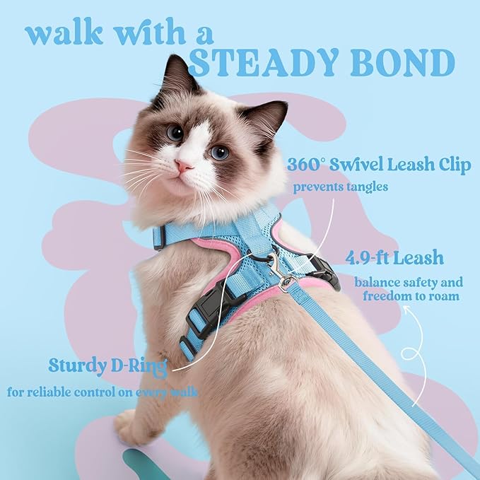 rabbitgoo Cat Harness and Leash for Walking, Escape Proof Soft Adjustable Vest Harnesses for Cats, Easy Control Breathable Reflective Strips Jacket, Light Blue&Pink, XXS