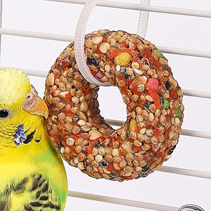 Parakeet Toys - Grain Treats, Donut Shape Teether | Enrichment Activity Training Chewing Snack with Aviary Accessories for Budgies, Cockatiels, Lovebirds and Other Small Birds Healthy Foraging Play
