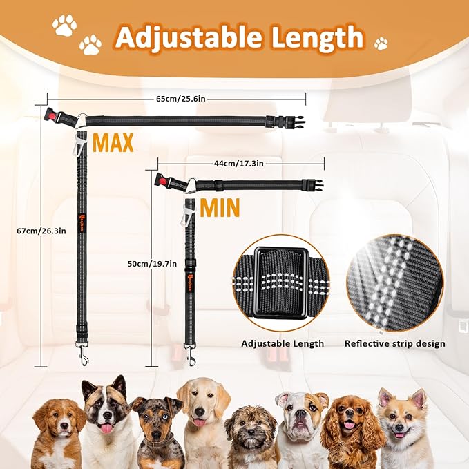 Removable Dog Seat Belt Harness for Car, 3 in 1 Pet Dog Car Seatbelt Leash, Retractable Restraint Secures to Vehicle Headrest & Adjustable Reflective Bungee Dog Seatbelt Tether, Black