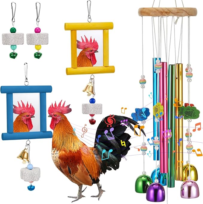 7 Pcs Chicken Toys, Hanging Chicken Wind Chime, 2 Pcs Coop Mirror Toys with Bells 4 Pack Beak Grinding Stones, Musical Coop Accessories for Hens Roosters Chicks Poultry Birds(Yellow，Blue)