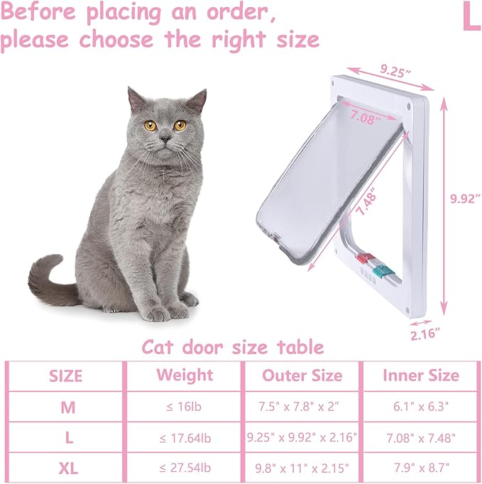 goTeamghjkl Cat Door Flap (Outer Size 9.9" x 9.2"), 4 Way Locking Large Cat Door for Interior Exterior Doors, Weatherproof Pet Door for Cats Doggie Kitties and Kittens with Circumference < 24.8"