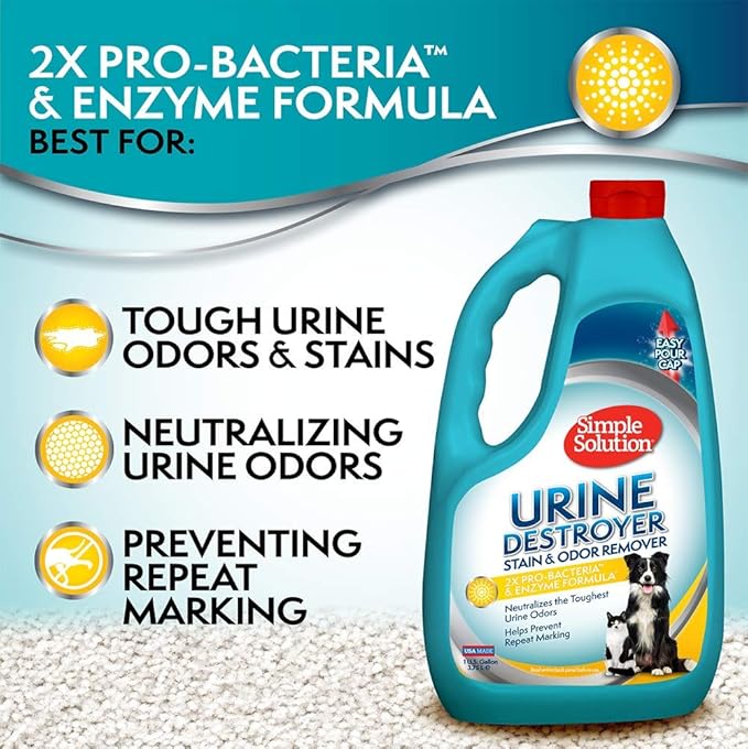 Simple Solution Urine Destroyer, Enzymatic Cleaner and Urine Odor Eliminator, Pet Stain Remover, Dog Pee Stain Destroyer, Cat Urine Neutralizer, Carpet Cleaner, Rug Deodorizer, Spot Cleaner, 1 Gallon