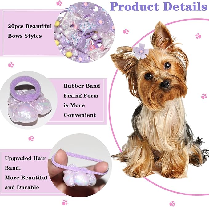 20pcs Handmade Puppy Hair Bows Purple, Cute Bowknot Top Knot with Elastic Bands for Yorkie Grooming