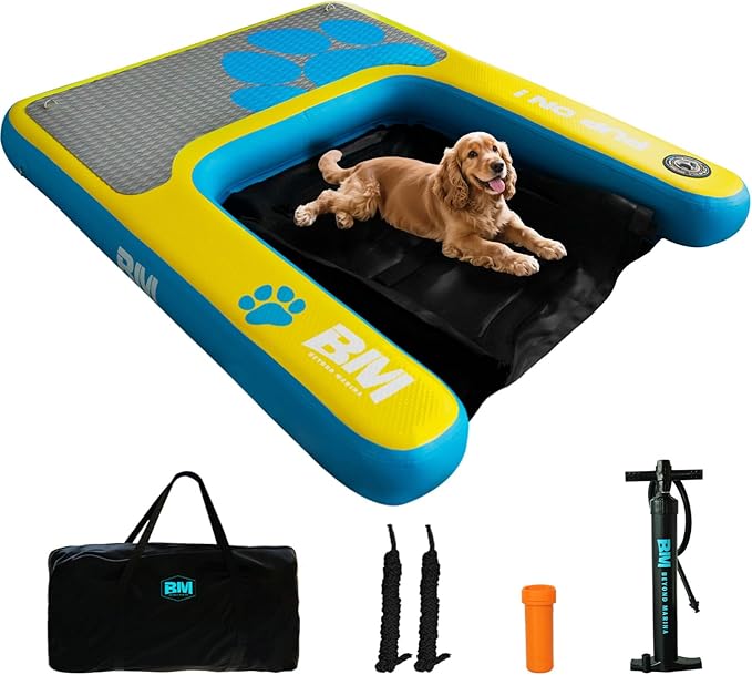 Beyond Marina Dog Pool Ramp, PUP ON! Inflatable Dog Water & Boat Ramp for Lake & Dock, Floating Pontoon Dock Ladder with Non-Slip EVA Platform, Extra Large 4 ft x 3.3 ft, Blue/Yellow, Supports 200 lbs
