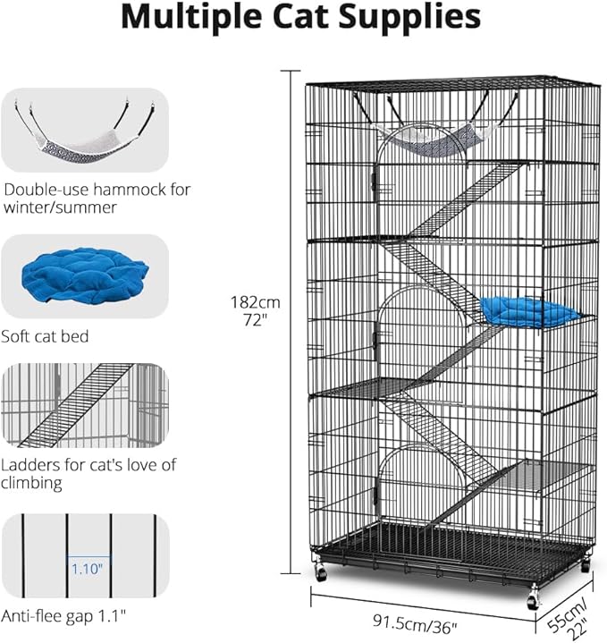 PawGiant 6-Tier Large Cat Cage Playpen, 72-inch Indoor/Outdoor Enclosure with 3 Doors, Hammock, Suitable for Cats, Kittens, and Small Animals