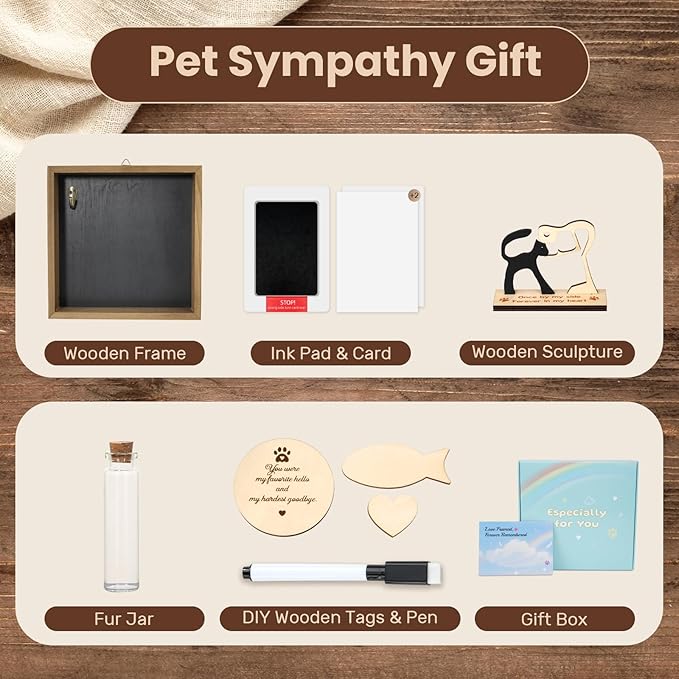 Cat Memorial Gifts for Loss of Cat, Pet Memorial Gifts for Cats, 8.6'' Shadow Box with Wooden Sculptures, Fur Jar, Sympathy Gift for Tabletop Display & Wall Hanging