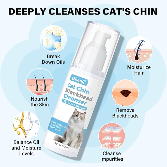 Cat Acne Chin Cleaner & Blackhead Remover – Deep Pore Feline Chin Acne Care Lotion with Silicone Brush – Cat Chin Scrubber for Black Chin Buildup – Gentle Coconut Scent – 4 fl oz