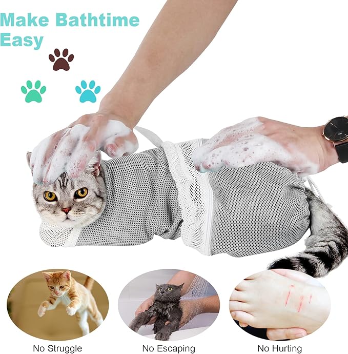 Cat Bag for Bathing Set with Cat Grooming Washing Bag Adjustable Pet Shower Brush - Cat Bathing Mesh Bag Anti Scratch Anti Bite Soft Durable for Cats & Dogs Restraint Grooming Nail Trimming Washing