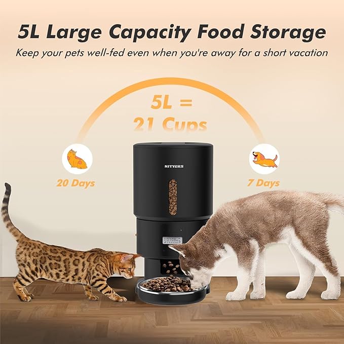 Automatic Cat Feeder - 5L Anti-Clog Cat Food Dispenser Keeps 2-15mm Dry Food Fresh, 10s Voice, 1-6 Meals/Day, Programmable Portions, 180-Day Battery Life, Easy to Clean Auto Pet Feeder for Small Dog