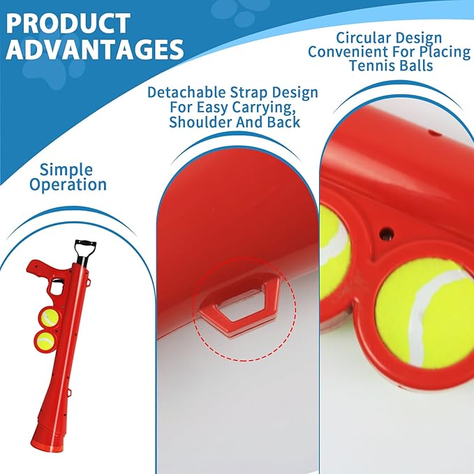 Dog Ball Launcher for Pet, Dog Ball Thrower Launcher with 2 Tennis Balls & Shoulder Strap, 23.4" Long-Range Ball Launcher Toy for All Dog Breeds, Red