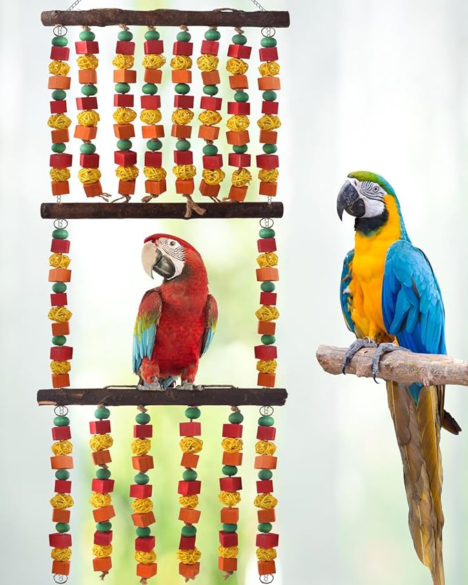 43" Extra Large Bird Parrot Toys, Multicolored Wooden Blocks Chewing Toy with Rattan Balls and Perches for Eclectus, African Greys, Cokatoos, Amazon Parrots