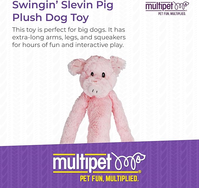 Multipet Swingin' Slevin Pig Dog Plush Toy - Squeaky Toys for All Dogs - Extra Soft Plush - Stuffed Animal for Cuddling & Playing - Cute Dog Pet Toy (27”, Pink, 5 Squeakers)