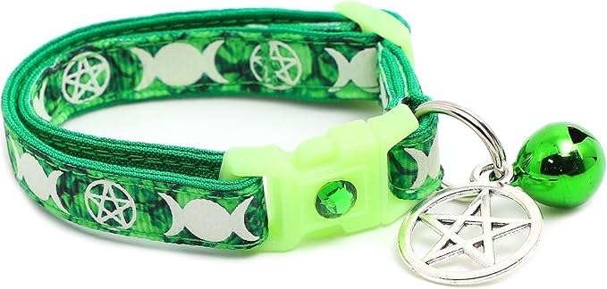 Wicca Cat Collar with Occult Charm & Bell | Witch's Familiar Cat Collar | Witch Kitten Collar Charms | Glow in The Dark | Safety Breakaway Collar (Small(10lbs & Less), Emerald)