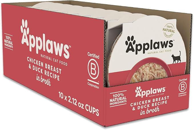 Applaws Natural Wet Cat Food in Broth, Limited and Natural Ingredients, High Protein with No Artificial Additives, Chicken Breast & Duck in Broth (10 x 2.12 oz Easy-Open Cups)