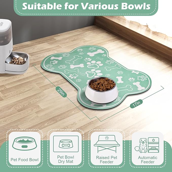 Dog Cat Mat for Food and Water,Rapid Absorbent Pet Feeding Mat, Bone Shaped Dog Placemat Bowl Mat with Rubber Backing,No Stains Pet Food Mats Indoor, Pet Accessories Supplies,Green 17"×29"