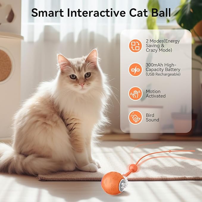 Interactive Cat Toys Ball for Indoor Cats Fast Rolling on Carpet, Chirping & Motion Activate Cat Toys, 3 Modes, Fast/Normal/Slow, ON/Off Sound