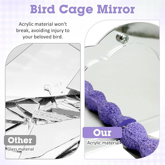 PINVNBY 2 PCS Bird Mirror with Perch Resin Parakeet Perches Hanging Parrot Toys Interactive Bird Cage Accessories for Cockatiel Conure Lovebird Finch (Purple)