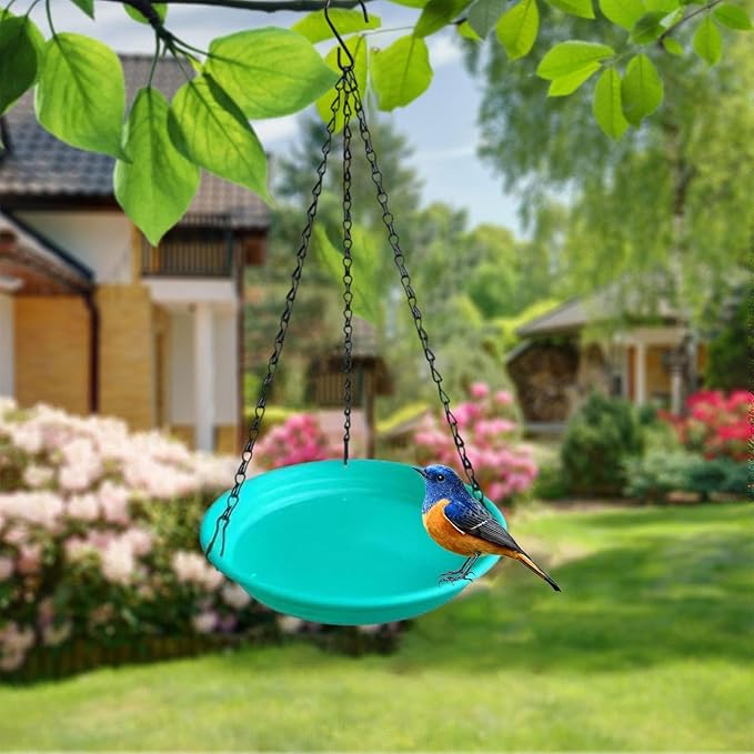 Hanging Bird Feeder and Waterer Tray Water Feeding Bowl Garden Decor with Chains Sturdy Birds Water Station for Backyard Yard, Green