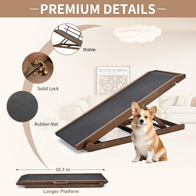 SLSY Dog Ramp for Bed, Couch & Car, Foldable Pet Ramp for Small Dogs and Cats, 4 Adjustable Heights 13.7''–19.6", Portable Stable Wooden Pet Steps with Non-Slip Pad for Sofa or Stairs