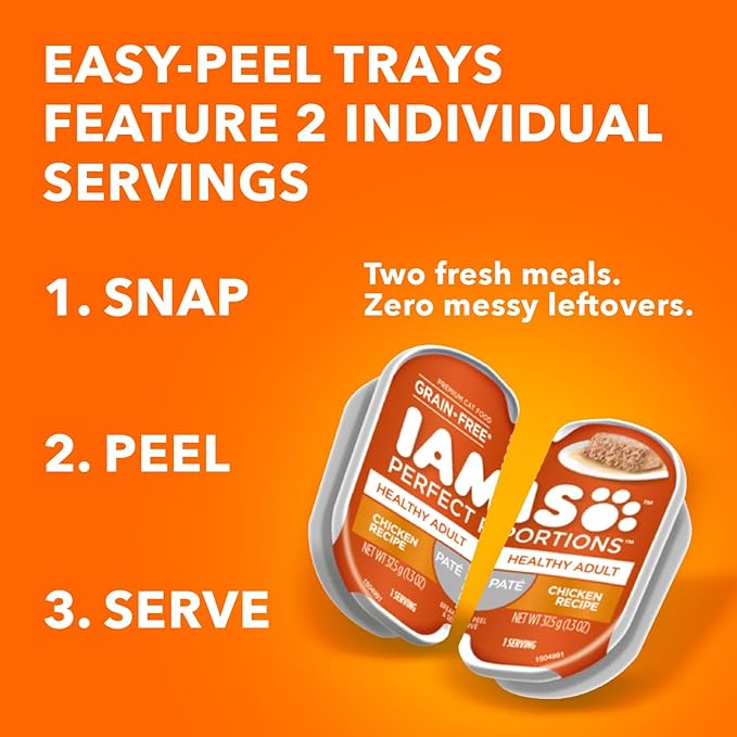IAMS Perfect Portions Sensitive Digestion & Skin Wet Cat Food Pate, Healthy Adult Grain Free Pate, Chicken and Salmon Recipes, (24) 2.6 oz. Variety Twin-Pack Trays