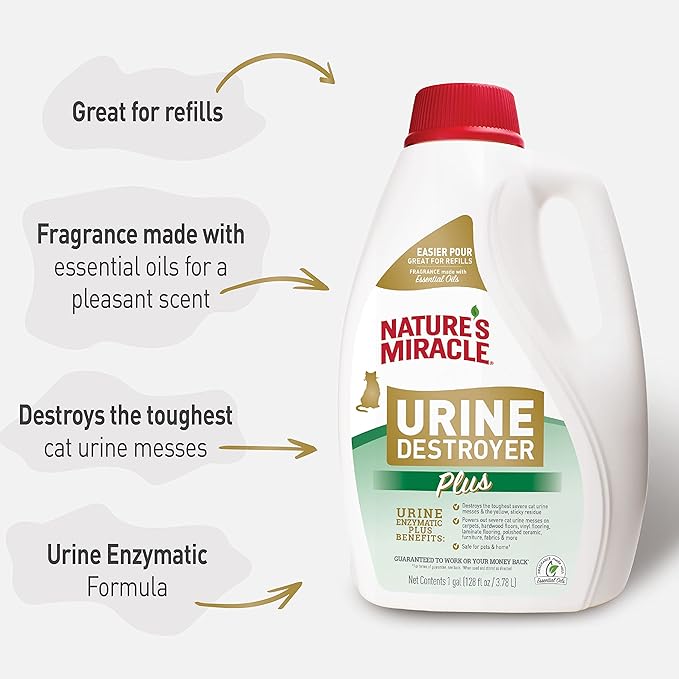 Nature's Miracle Urine Destroyer Plus for Cats, Unscented, Enzymatic Formula for Severe Cat Urine Stains, 1 Gal