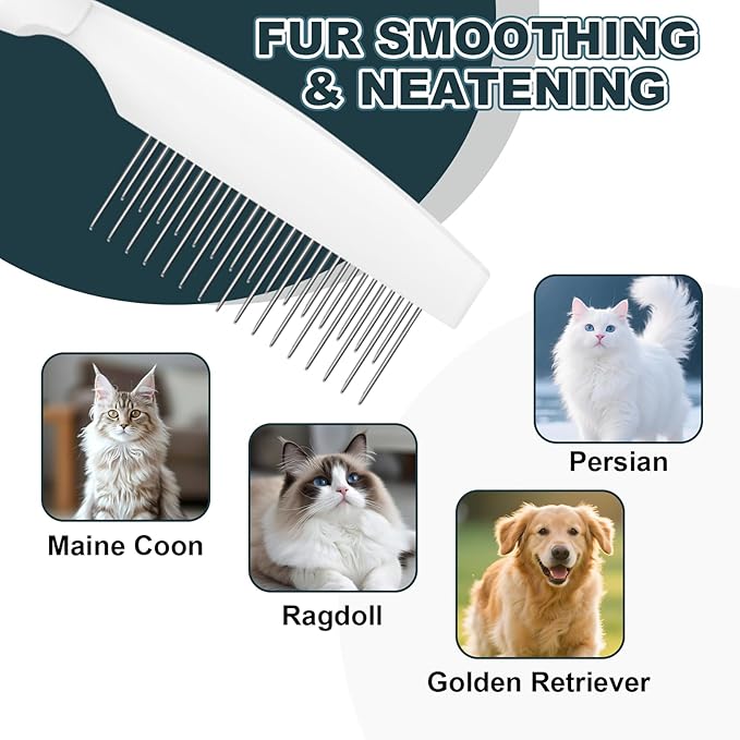 Premium Cat Comb - Professional Dog Comb with Dual-Length Stainless Steel Teeth & Ergonomic Silicone Handle - Versatile Comb for Long & Short Hair, Rabbits & More