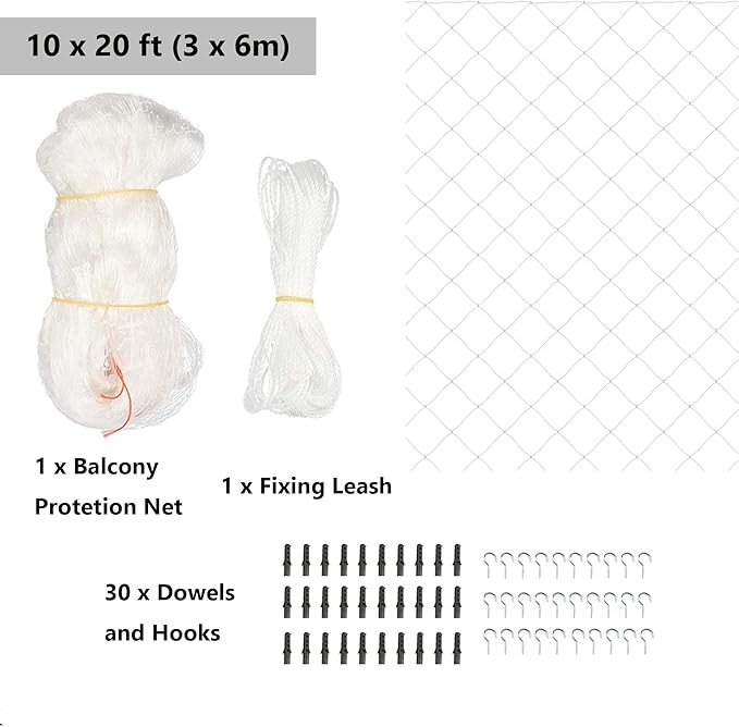 Petboss Anti-Fall Cat Netting Mesh Fence, Transparent Nylon for Dogs & Cat, Pet Safety Net for Balcony/Stairs/Window - 10x20Ft