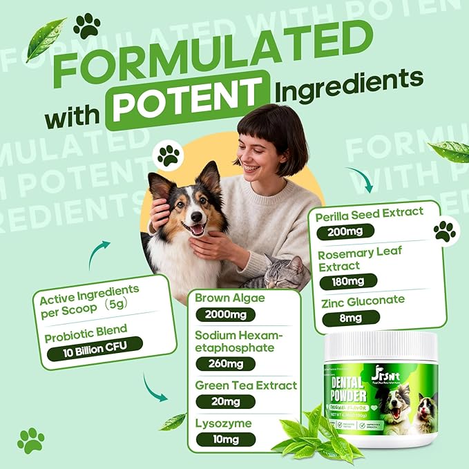 Dog Dental Powder, Dog Teeth Cleaning Powder, Natural Herbal Blend with 5 Probiotics and Lysozyme, Plaque Off Pet Tooth Cleaning, Bad Breath &Tartar Remover for Dogs All Breeds-180g